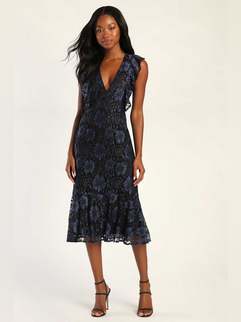Lulus Divinely Dramatic Black and Navy Blue Lace Midi Dress Cocktail Attire XS